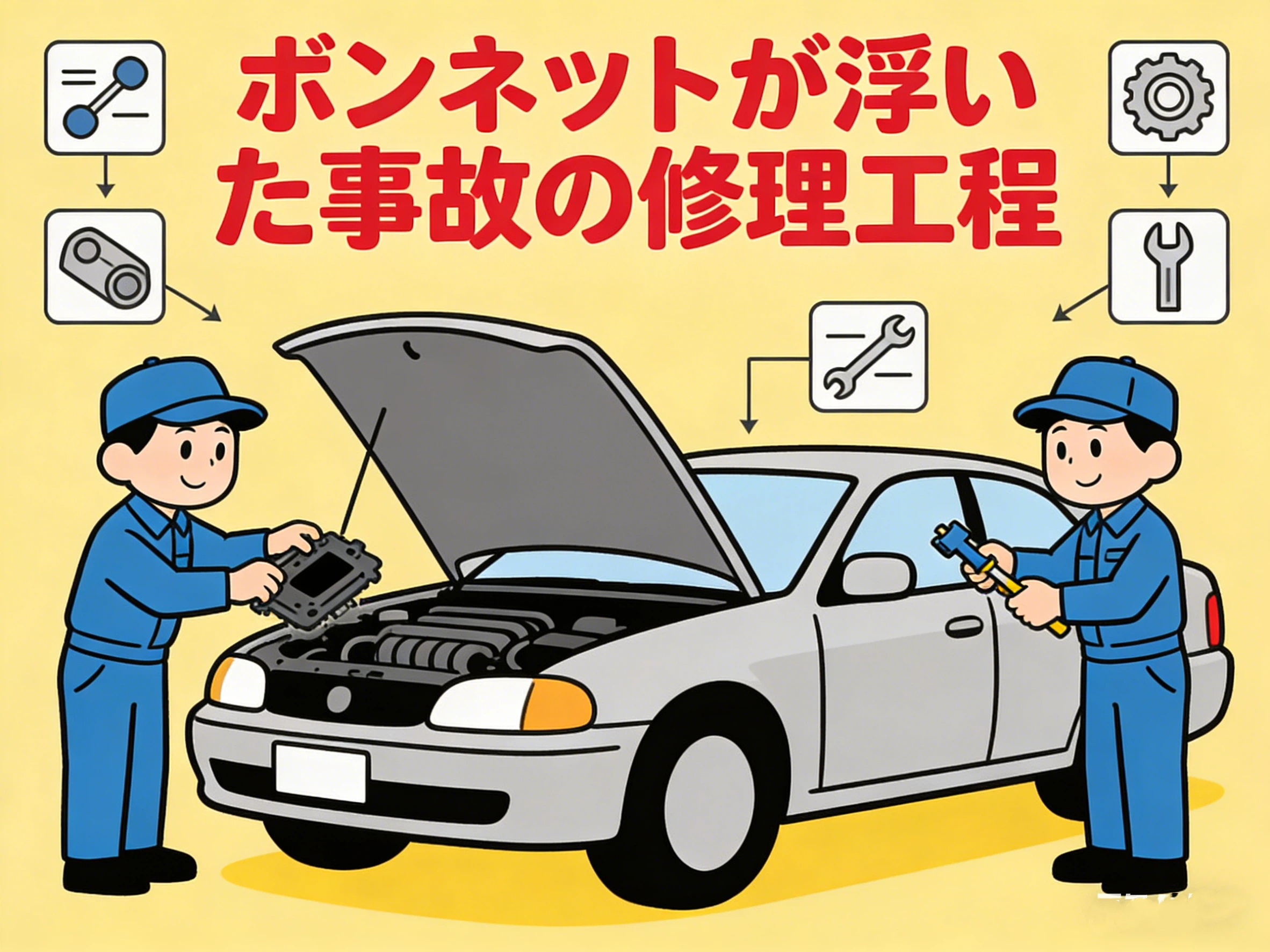 ボンネットが浮いた事故の修理工程